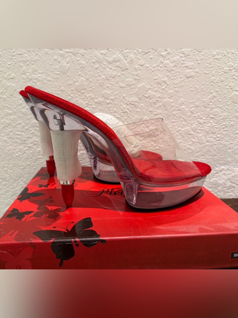 Pleaser Red Clear Platform Slide Heels